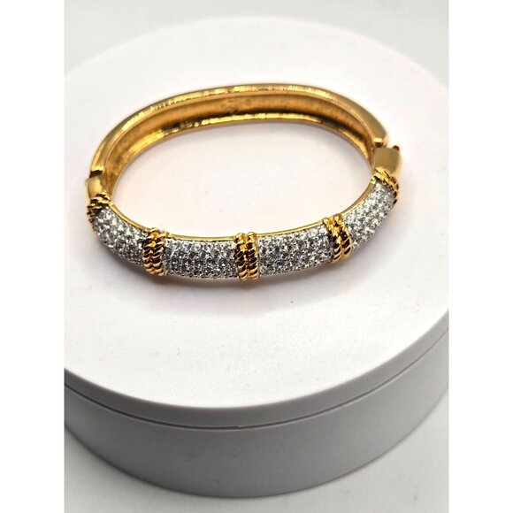 Swarovski Swan Signed Gold Tone Clamper Cuff Bracelet Pave Crystal Bangle - Picture 2 of 6